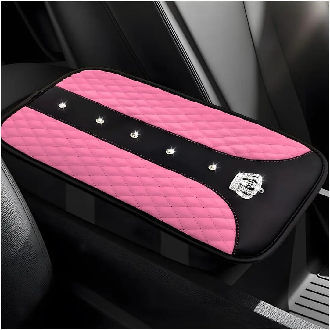 Girls' Bling Crown Car Interior Accessories Anti-Slip Scratch-Resistant Center Console Mat - Rustproof Armrest Pad Protector with Elastic Fastening Straps, 7.5×12.6in Girly Cushion for Cars & SUVs (Pink), Car Interior Accessories Girls
