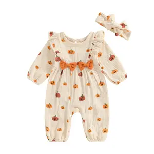 Newborn Baby Girl Halloween Outfit Cotton Linen Pumpkin Print Romper Jumpsuit Ruffle Long Sleeve Onesie Bodysuit Overalls