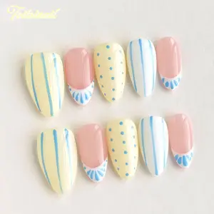 Butter Stripe Handmade Press-On Nails | Short Almond Shape, 10pcs | Fresh Butter Yellow & Blue Stripe Design | Cream & Pink Color Block & Dot Accents | Reusable DIY Nail Kit for Women | Trendy Nails for Spring, Summer, Travel & Daily Wear | Cute Girly Dop