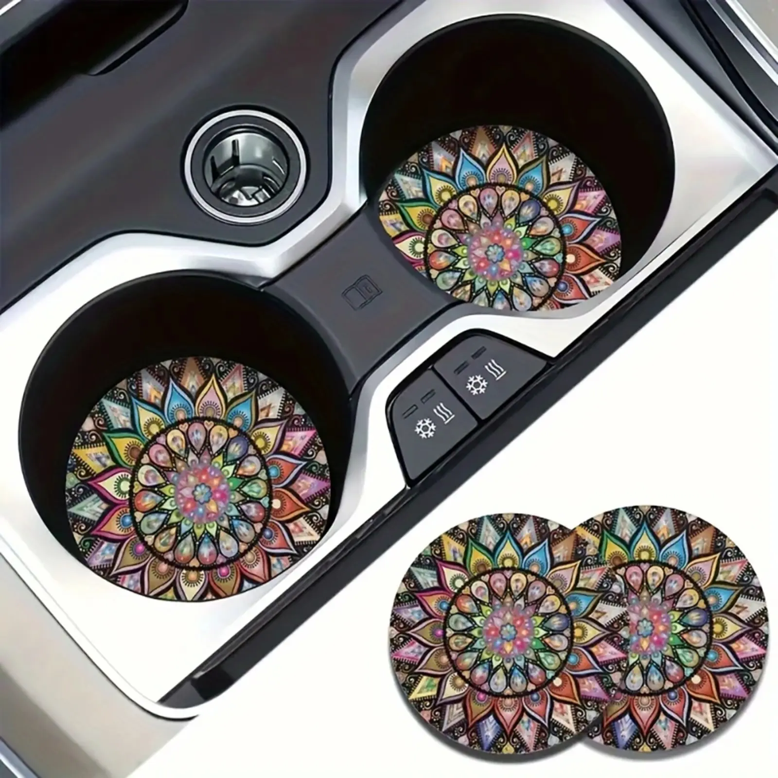 2-Pack Bohemian Mandala Car Coasters, Non-Slip Cup Holder Inserts, Summer Style Interior Car Accessory, Car Interior Accessory