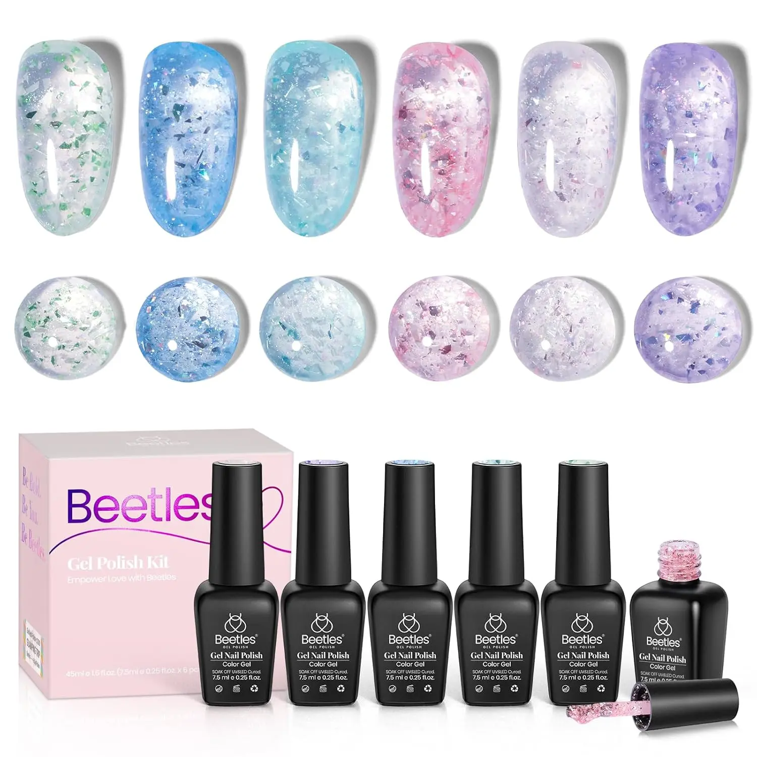 beetles 10-Piece Toxin-Free Gel Polish Set - 6 Neon Glow Glitter Shades with Sparkling Water Shimmer, Soak-Off, Smooth, Long-Lasting, D&C Black No.2 (Ci 77266), DIY Manicure Gift for Friends, M (Ideal for Gel Nails & Manicures at Home), Flawless
