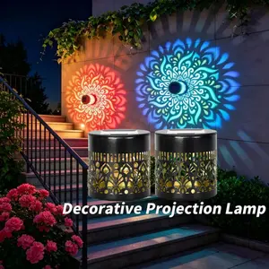 【2-Pack RGB Color Changing Solar Mandala Projector Wall Lights】Durable Waterproof Metal Fence Light, Outdoor Decorative Lights for Garden, Patio, Backyard and Courtyard, Suitable for Halloween And Christmas