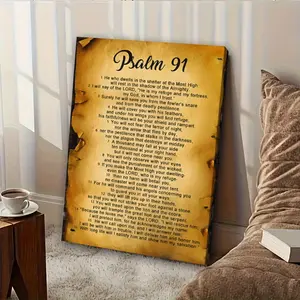 1 Piece Psalm 91 Bible Verse Wall Decoration with Pine Wood Frame - Edged Canvas Christian Scripture Print, Psalm 91 Written as a Guide, Suitable for Living Room, Bedroom, Bohemian Farmhouse Style Church Prayer Room Indoor Hanging Decoration - Ready to Ha