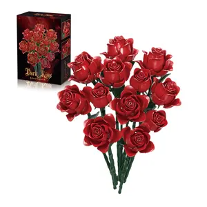 Red Rose Building Flower Bouquet Set, Rose BotanicalCollection decoration Blocks Kit Compatible for AdultsWomen, Artificial Flowers Decor for Valentine's Day &Halloween & Christmas Gift