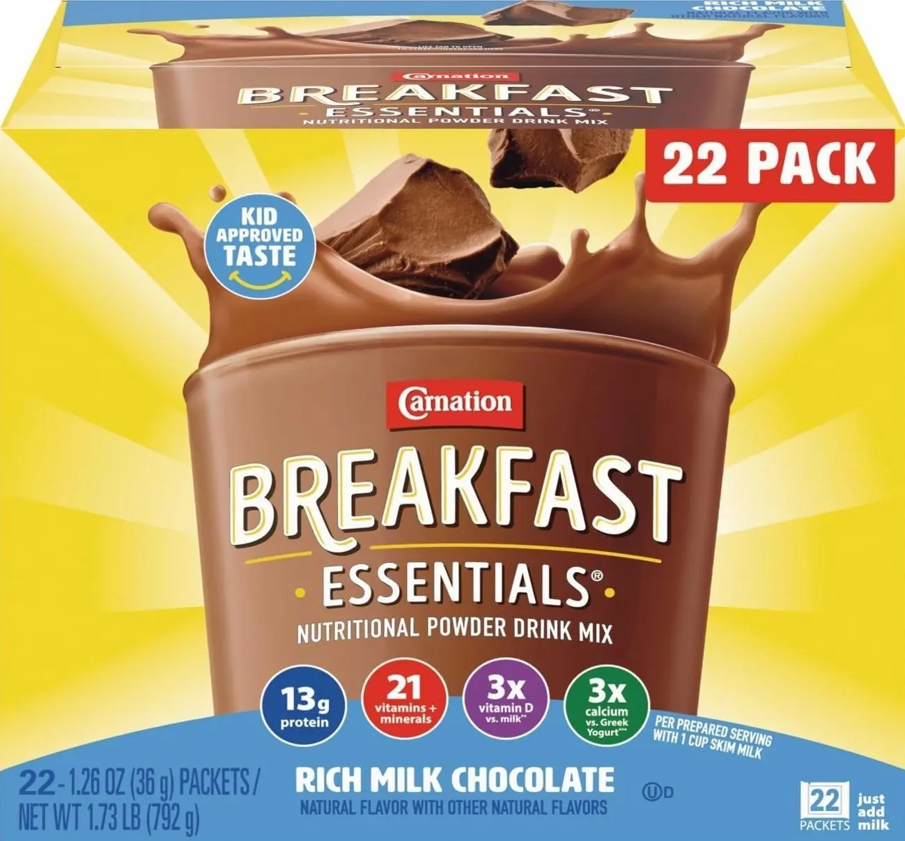 Carnation Breakfast Essentials Powder Drink Mix, Rich Milk Chocolate, 22 Count Box of 1.26 Ounce Packets