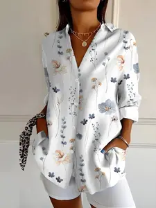 Elegant Floral Print Button Front Long Sleeve Collared Shirt, Women's Fitted Casual Top for Spring & Fall, Stylish Daily Wear, Blouse Womenswear