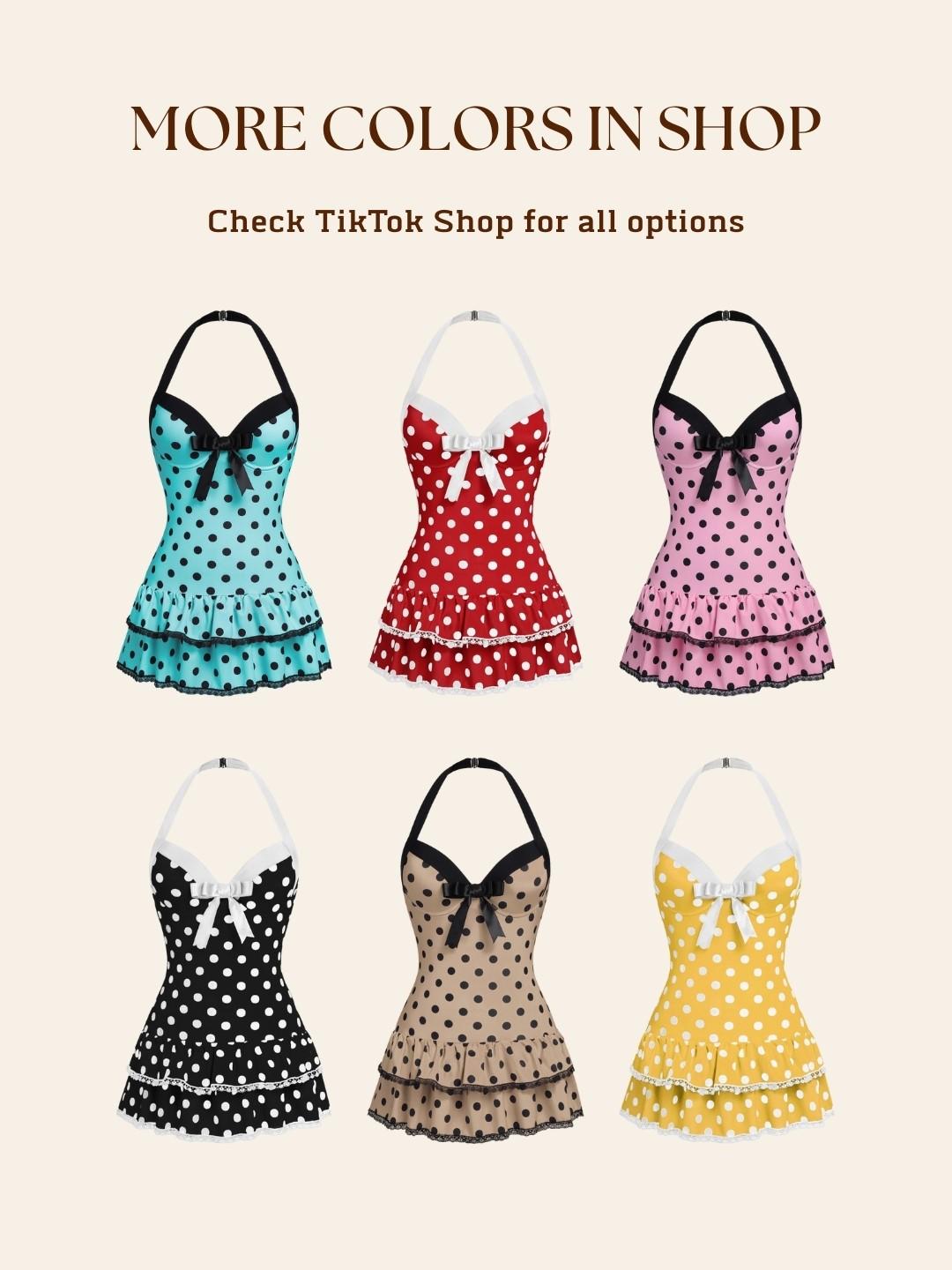 PINK 1940S HALTER POLKA DOTS BOW ONE-PIECE SWIMSUIT Vintage Charm Dainty Bow Ruffled Hem Comfortable Fit Backless Design Womenswear Comic Womenswear