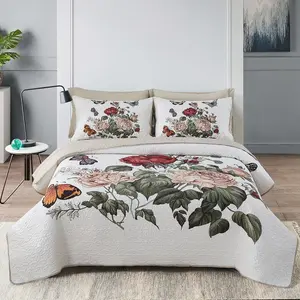 Luxurious Quilted Bedspread Set, Floral Pattern Bed Cover with Pillowcase, Dual-Sided Use, Suitable for Queen and King Size Beds