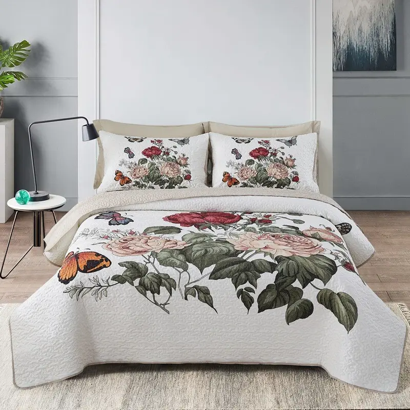 Luxurious Quilted Bedspread Set, Floral Pattern Bed Cover with Pillowcase, Dual-Sided Use, Reversible Quilt Set, Suitable for Queen and King Size Beds, Floral Bedding Set