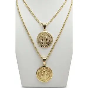 Religious Faith 14k Gold Plated New Style Medalla de San Benito Gold Color Round Double Sided Pendant with Chain Medalla