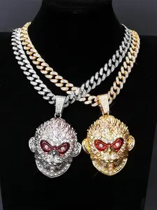Punk Style Monkey King Pendant Necklace, Rhinestone Decor Cuban Link Chain Necklace, Fashion Jewelry Accessories for Men & Women, Jewelry Gifts, Rhinestone Decorated Necklace