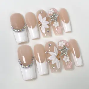 White French Tip Press on Nails Flower Handmade Press on Nails with Rhinestone Designs Long Coffin Shaped Fake Nails Full Cover Thick Acrylic and Muti-Layer Gel Stick on Nails for Women