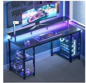 48 Inch Gaming Desk with LED Lights, Computer Desk with Monitor Stand, Storage Shelves and CPU Stand, Home Office Desk, Black