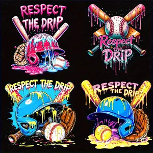 4pcs/set Baseball-Themed Heat Transfer Stickers - "Respect the Drip" Design, Perfect for T-Shirts, Canvas Bags, and Pillows, Canvas | Vibrant Graphic Stickers | Durable Vinyl Stickers, Baseball Accessories