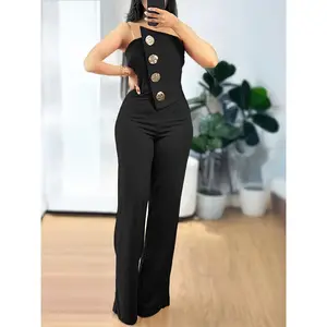 Elegant Women's One-Piece Jumpsuit with Asymmetric Metallic Buckle Detail, Casual Strapless Polyester Knit Fabric, All-Season Solid Black Overalls