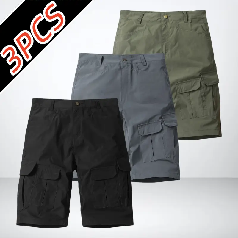 Men's 3-Pack Cargo Shorts for Menswear - Stylish Sporty Quick-Drying Polyester Woven Fabric, Tear-Resistant, Lightweight, Button Waistband with Suspender Tabs, Double-Flap Side Pockets, Mid-Length Outdoor Wear
