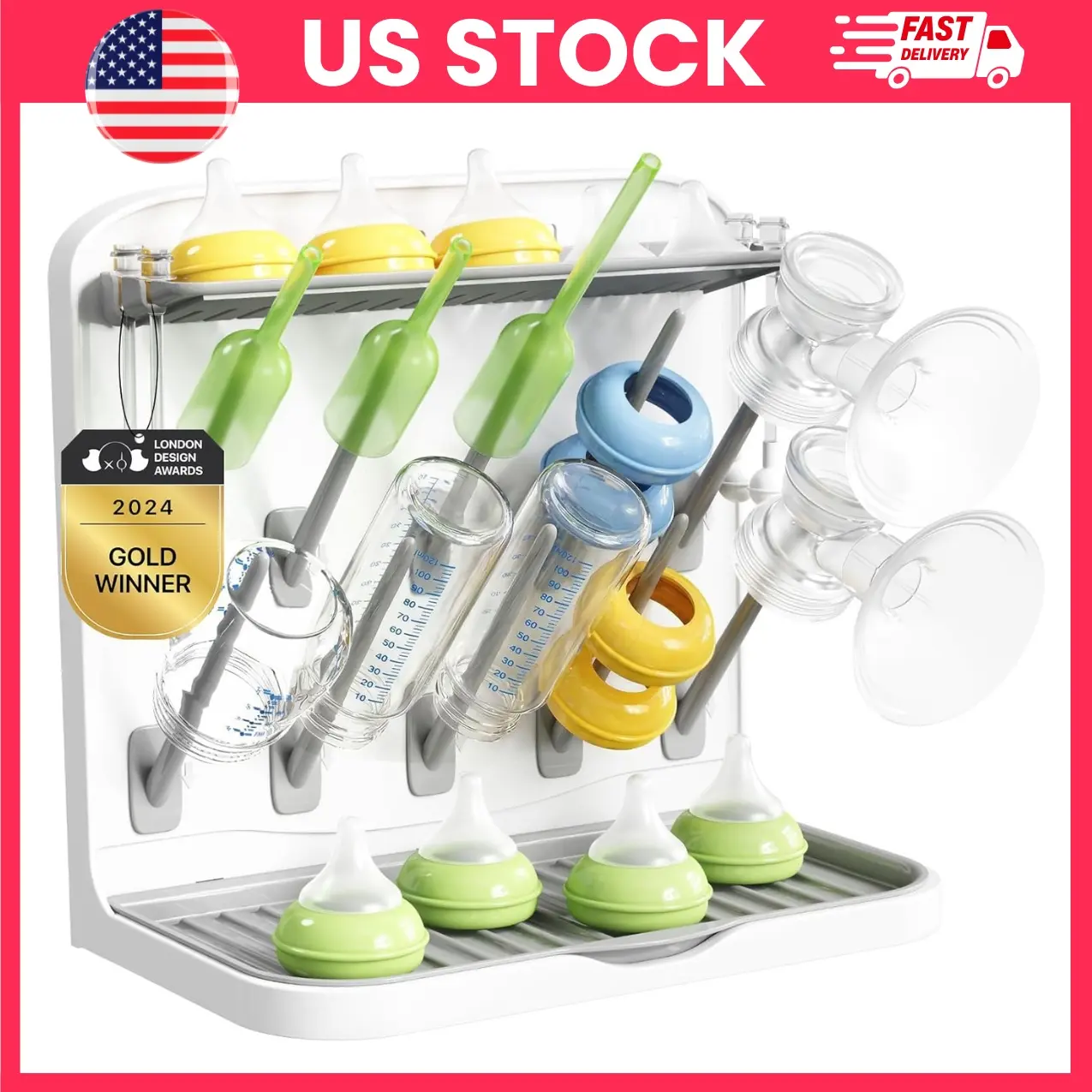 Baby Bottle Drying Rack, Bottle Drying Organizer with 10 Hooks, Countertop Baby Bottle Storage Rack for Bottles, Pacifiers, Breast Pump Parts and Accessories, breast pump parts organizer, countertop bottle rack, newborn essentials, baby feeding organizer