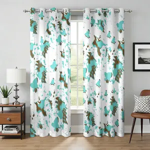 2 Panels Turquoise Brown Cow Print Blackout Curtains, Boho Western Cowhide Curtains, Rustic Farmhouse Thermal Insulated Window Treatments with Grommet Top, For Bedroom Living Room, Great Gift for Western Lovers