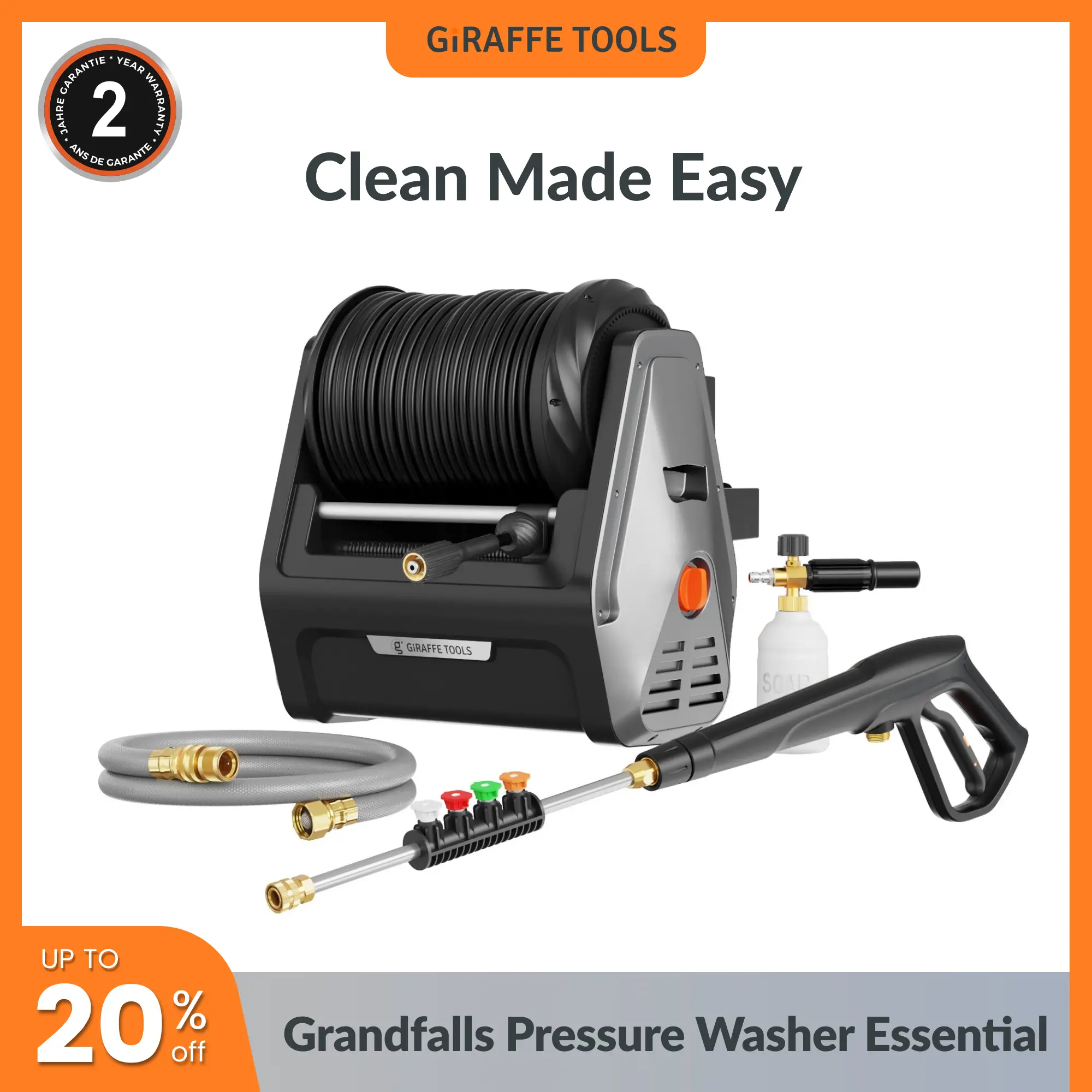 Giraffe Tools Grandfalls Retractable Pressure Washer Essential with 100ft Replaceable Hose 4 Spray Nozzles Easy Cleaning Anywhere Anytime