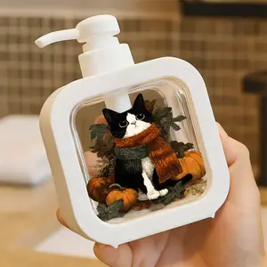 Black & White Cat with Large Eyes Soap Dispenser, Perfect for Kitchen Sinks  - Orange & Gray Scarf Design - Autumn Pumpkin & Leaf Themed - Ideal for Daily Hand Washing, Countertop Decor, and Home Accessory - Hand Soap Pump Bottle