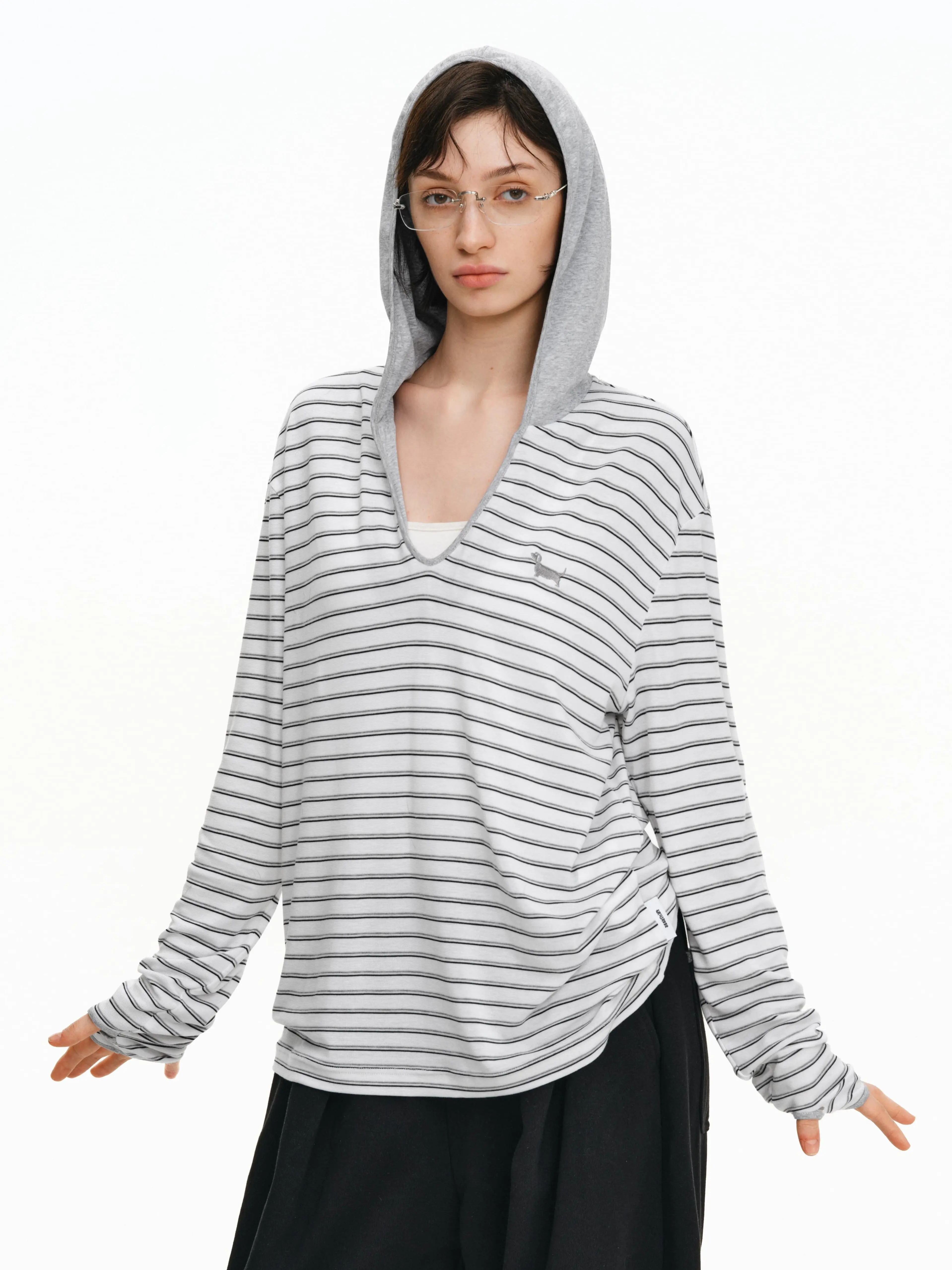 PCLP Contrast Stripe Hooded Top | Deep V-Neck Oversized Streetwear Long Sleeve