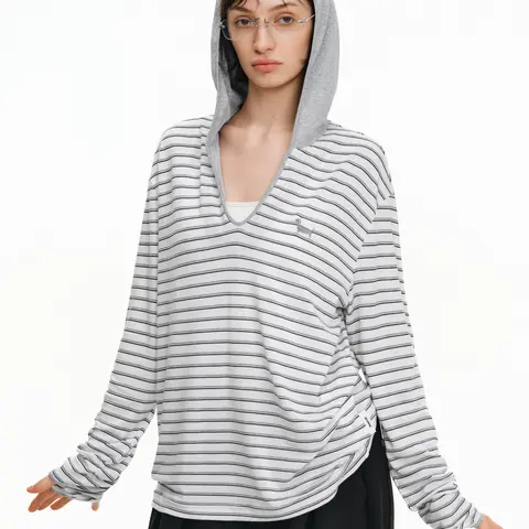 PCLP Women's Oversized Graphic Hoodie - Breathable Striped Deep V-Neck Long Sleeve Comfortable Sweatshirt, Street Style Casual Pullover, Everyday Style Top