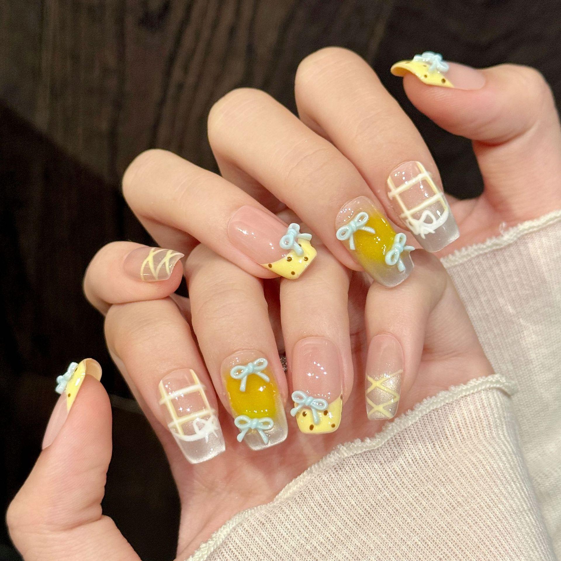 【Lucy UU】New 2 Styles Sweet Short Square Press On Nails 3D Bow Green Apple Charm Design Handmade Reusable Cute Fake Nail For Women Girls