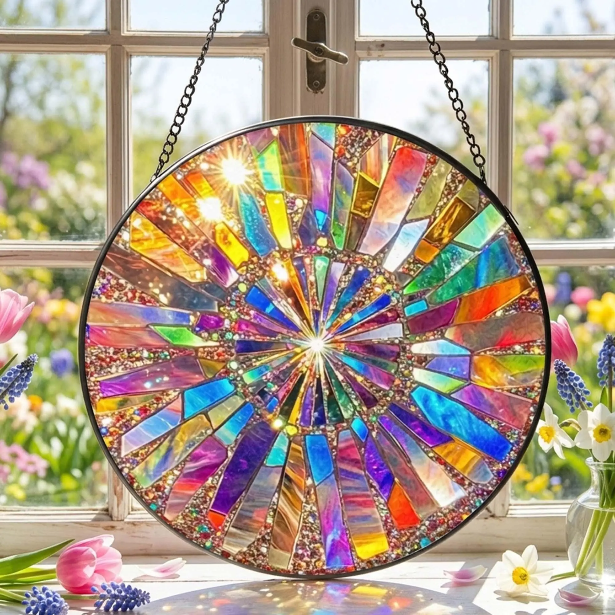 [Made in US] Rainbow Spiral Stained Glass Suncatcher: Rainbow Window Hanging, Summer Home Decor