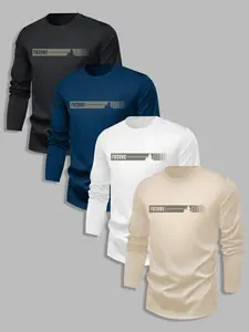 Men's Classic Letter Print Long Sleeve T-Shirt Set, Casual Fitted Graphic Tee, Spring & Fall Basic Top, Casual Streetwear Top, 4 Piece Pack, Casual Letters Print, Casual Street Style, Menswear