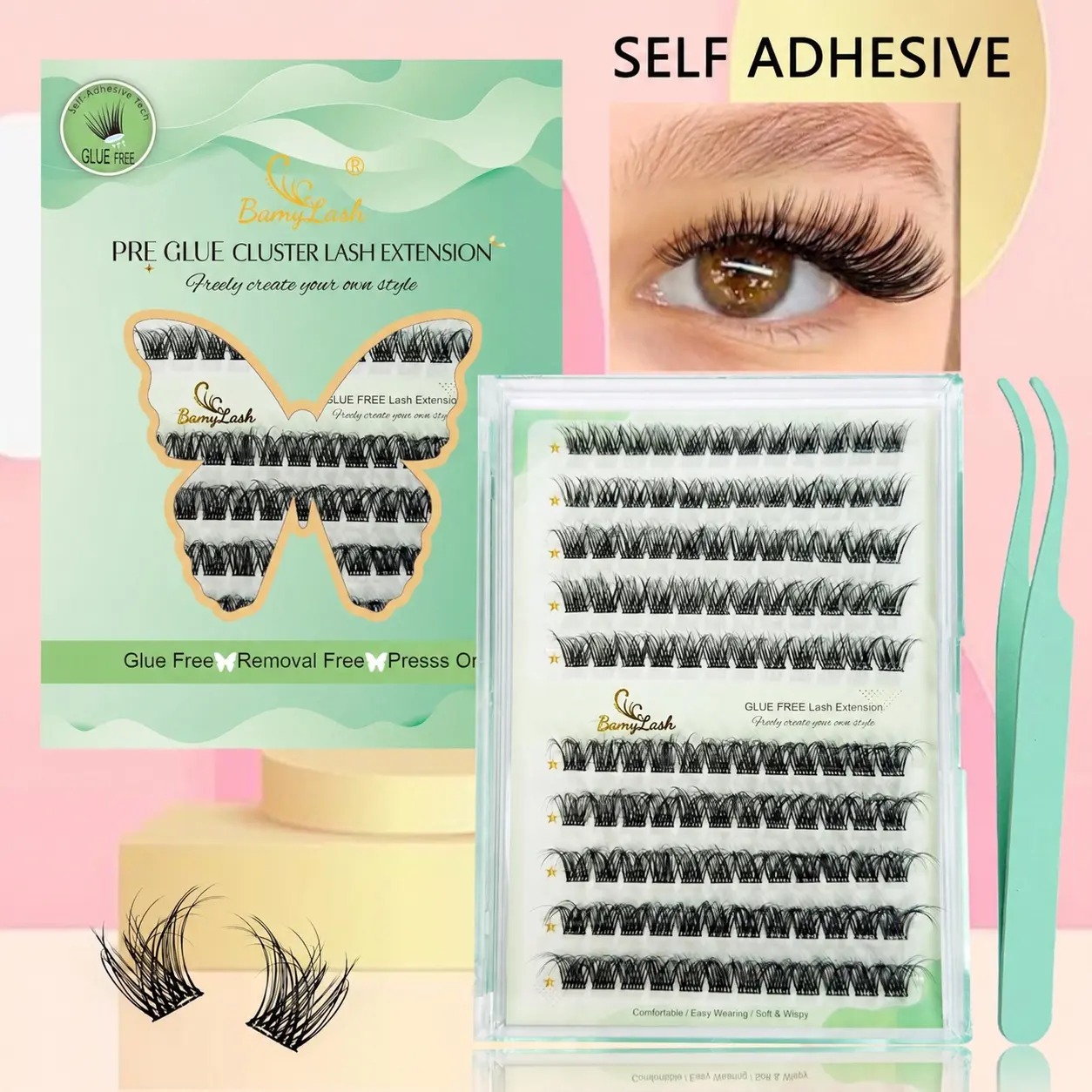 1 Box Self Adhesive Synthetic Soft DIY False Eyelashes, 3D Wispy Individual Glueless individual eyelash kit with applicator, No Glue lash extension,Natural Look, Easy Beginner Friendly Design, Wispy for everyday use