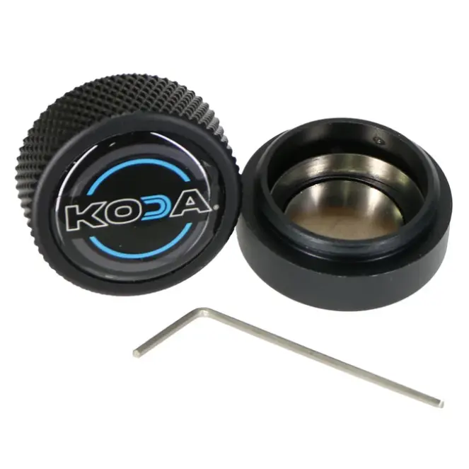 Koda Round Billiards & Snooker Chalk Holder with Built-in Scuffer & Screw-On Top for Chalk Storage - Adjustable for a Customizable Fit & Compatible with TAOM, Scuff, Functional, Round Shape, Adjustable Set Screw, Prolongs Chalk Lifespan