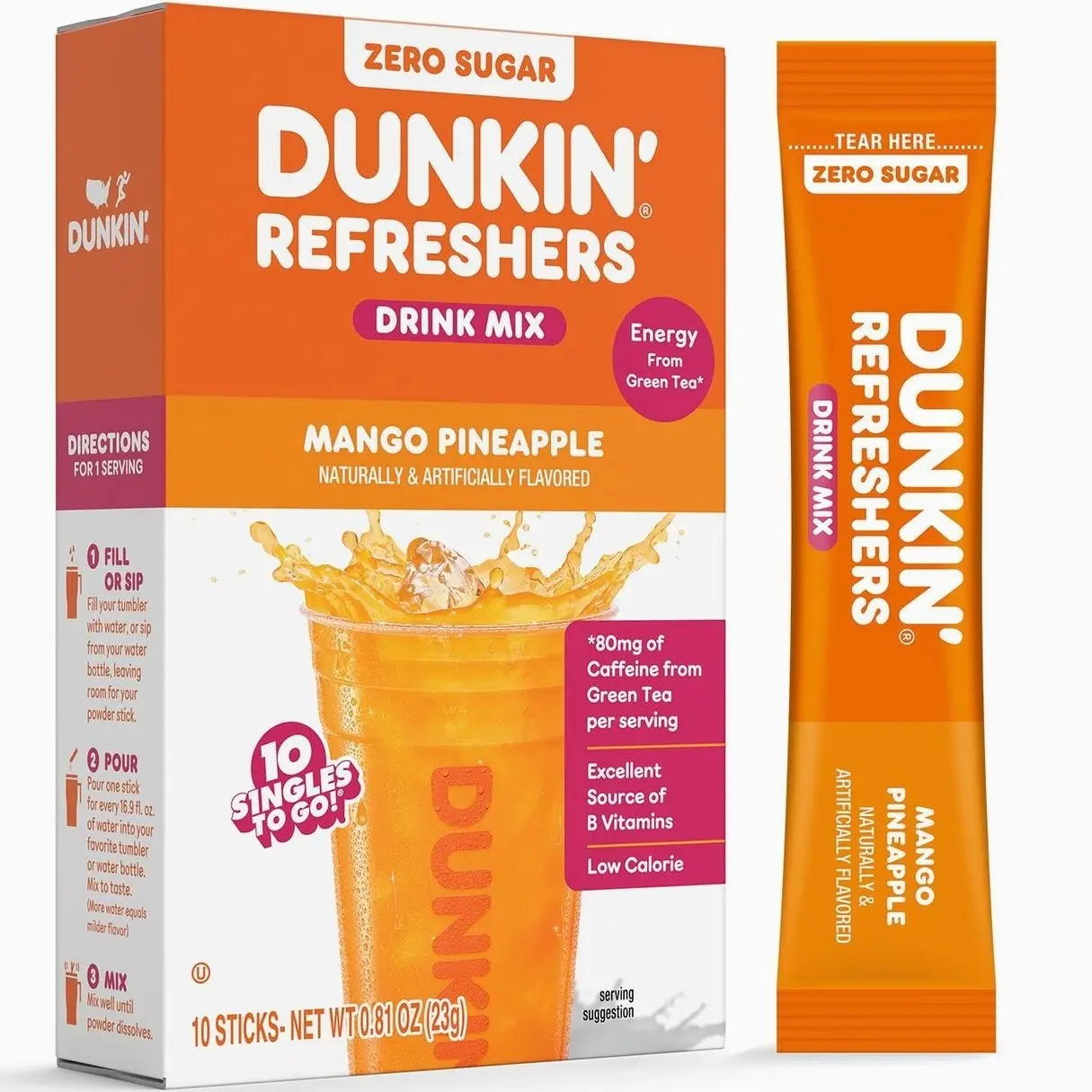Dunkin’ Refreshers Singles To Go! Powdered drink mix packets, Mango Pineapple,10 packets per box Energy from Green Tea, aspartame-free, no synthetic colors, naturally and artificially flavored, just add water
