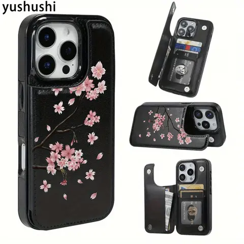 Cute Durable PU Leather Floral Cherry Blossom Cellphone Wallet Case with Card Slots - Handheld Protector, Phone Accessories for iPhone 17/16/15/14/13/12 Pro Max, Pro, Plus, Air