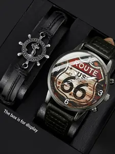 2pcs Men's Watch Set with Steering Wheel Bracelet, Perfect Gift for Holidays, Birthdays, Father's Day, Valentine's Day, Graduation, Christmas