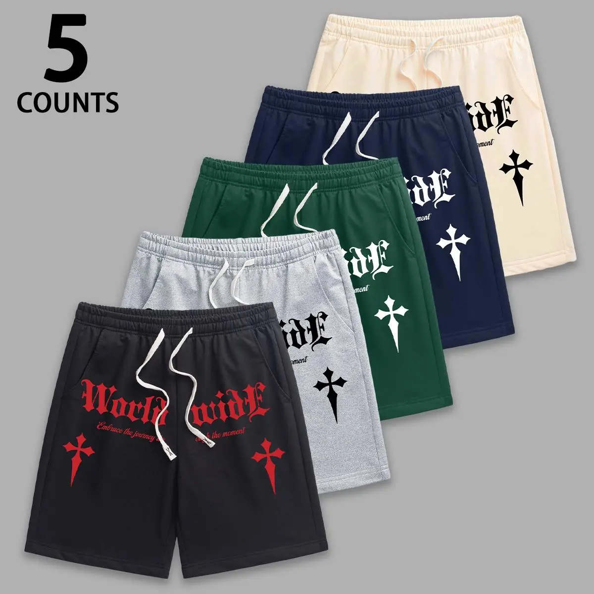 Men's 5-Piece Set Gothic Lettering & Cross Design Sporty Shorts, Ultra Cozy Fabric, Multipocket Streetwear-Inspired Menswear for Athletic Sports & Casual Occasions, Sporty Men's Shorts, Men’s Shorts