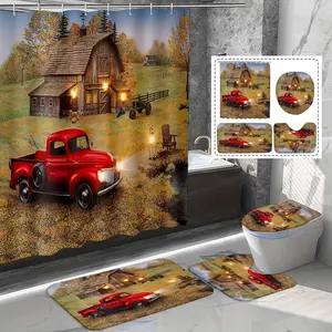 1/4pcs Farmhouse Shower Curtain Set,Vintage Farm Red Truck, Autumn Bathroom Decor Non-slip Bath Mat Toilet Rug, Bath Curtains, Bathroom Polyester Fabric Bathroom Decor Supplies
