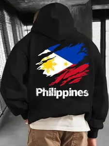 Men's Casual Hooded Sweatshirt with Kangaroo Pocket, Fall & Winter Loose Fit, Philippines Flag Print Design, Trendy Fleece Pullover