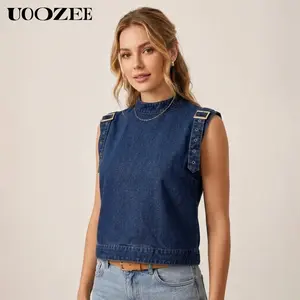 UOOZEE Women's New Summer Blue Polyester-Cotton Denim Eyelet Buckle Mock Neck Sleeveless Crop Top (Top Only) - Minimalist Fabric, Chic Smart Casual Streetwear, Size Down for Slim Fit