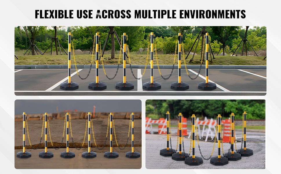 Adjustable Traffic Delineator Post Cones Set, 6 Pack, High-Visibility Safety Barrier With Fillable Base And 8-Foot Chain, Ideal For Traffic Control, Parking Lot, Construction Zone, Road Warning And Delineation, Yellow And Black