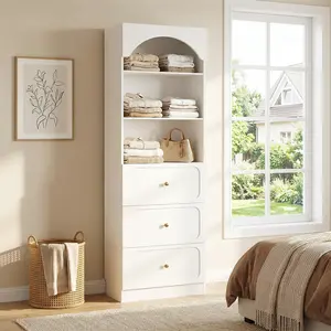Cyclysio 23.6" W Freestanding Above-Ground High-Cube Heavy-Duty Wardrobe, Modern Wooden Walk-in Closet Organizer with 3 Storage Drawer Compartments and Adjustable Shelves, Adjustable Shelves Wardrobes, Drawer Compartments Wardrobes