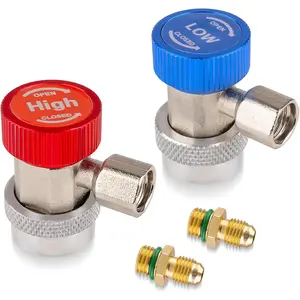 R134a Quick Coupler Adapter, Adjustable R134a Adapters and AC Hose Fittings, HP and LP Connectors for R134a Car AC System Evacuation Recharging and More, 1/4" Flares, Set of 2