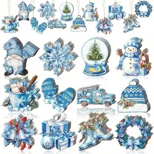 24pcs Wooden Decorations, Blue Snowflake, Gnomes, Snowman Hanging Ornaments For Holiday Winter Tree Best Gifts Birthday