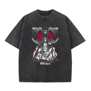 Vintage Attack on Titan Eren Founding Titan Graphic Tee, Black Acid Wash Oversized Crew Neck T-Shirt, Unisex Dark Anime Fan Gift for Friends & AOT Enthusiasts