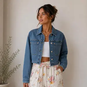 Casual Cropped  Denim Jacket Stretch Fabric
