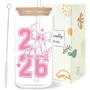 Graduation Gifts for Women Her, 16 Oz Congrats Grad 2026 Pink Glass Cups with Lids and Straws Graduation Present, College High School Congratulations Gifts for Girls