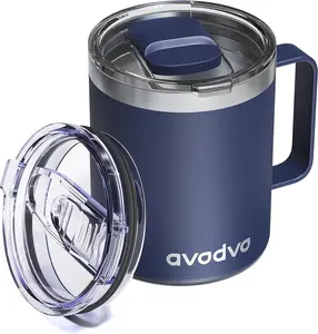 12Oz Insulated Coffee Mug with Lid – Includes Two Lids, Stainless Steel Coffee Travel Mug with Handle, Double Wall Vacuum Insulated Camping Mug for Home, Office & Outdoor, Navy Blue avodvo
