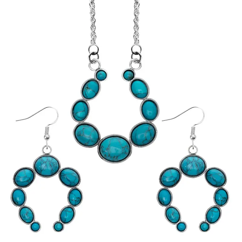 Squash Blossom Turquoise 2-Piece Jewelry Set - Turquoise Charms & Pendants, Necklace and Earrings