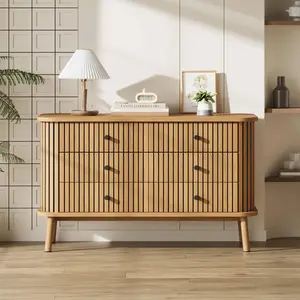 6 Drawer Boho Dresser for Bedroom, Wooden Double Chest with Bamboo Texture and Curved Design