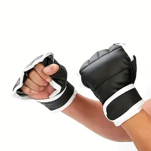 1pc Black Faux Leather Half-Finger Boxing Training Gloves, Pull-On Closure, Non-Textile Weaving Method, Adult Sparring Equipment, Boxing Training Gloves