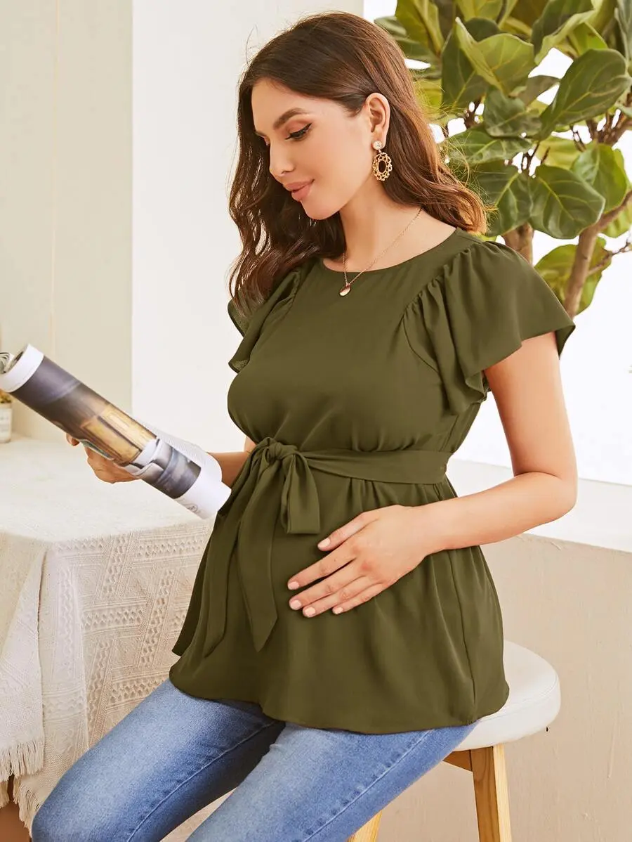 Maternity Flutter Sleeve Self Belted Top